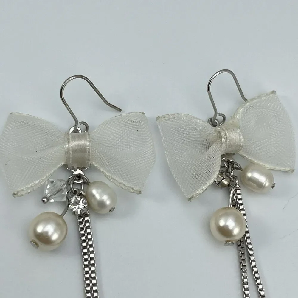 Cute Silver Tone Glass Pearl Beaded Bow Tie Chain Dangle Earrings Preppy Bridal